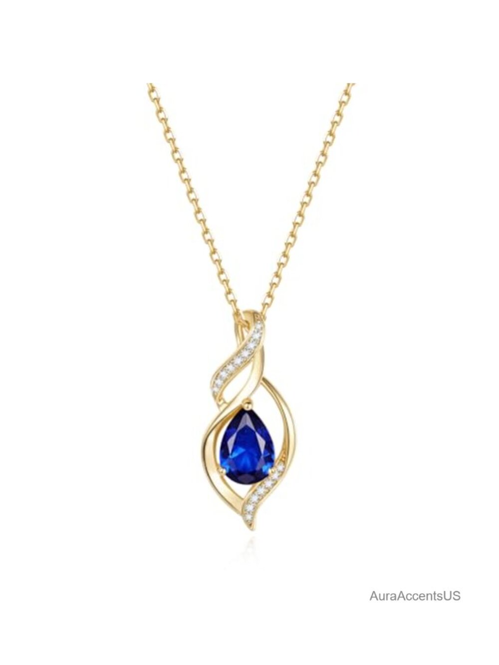 Sapphire Teardrop Pendant Necklace Gold Plated Women Birthstone Gift
